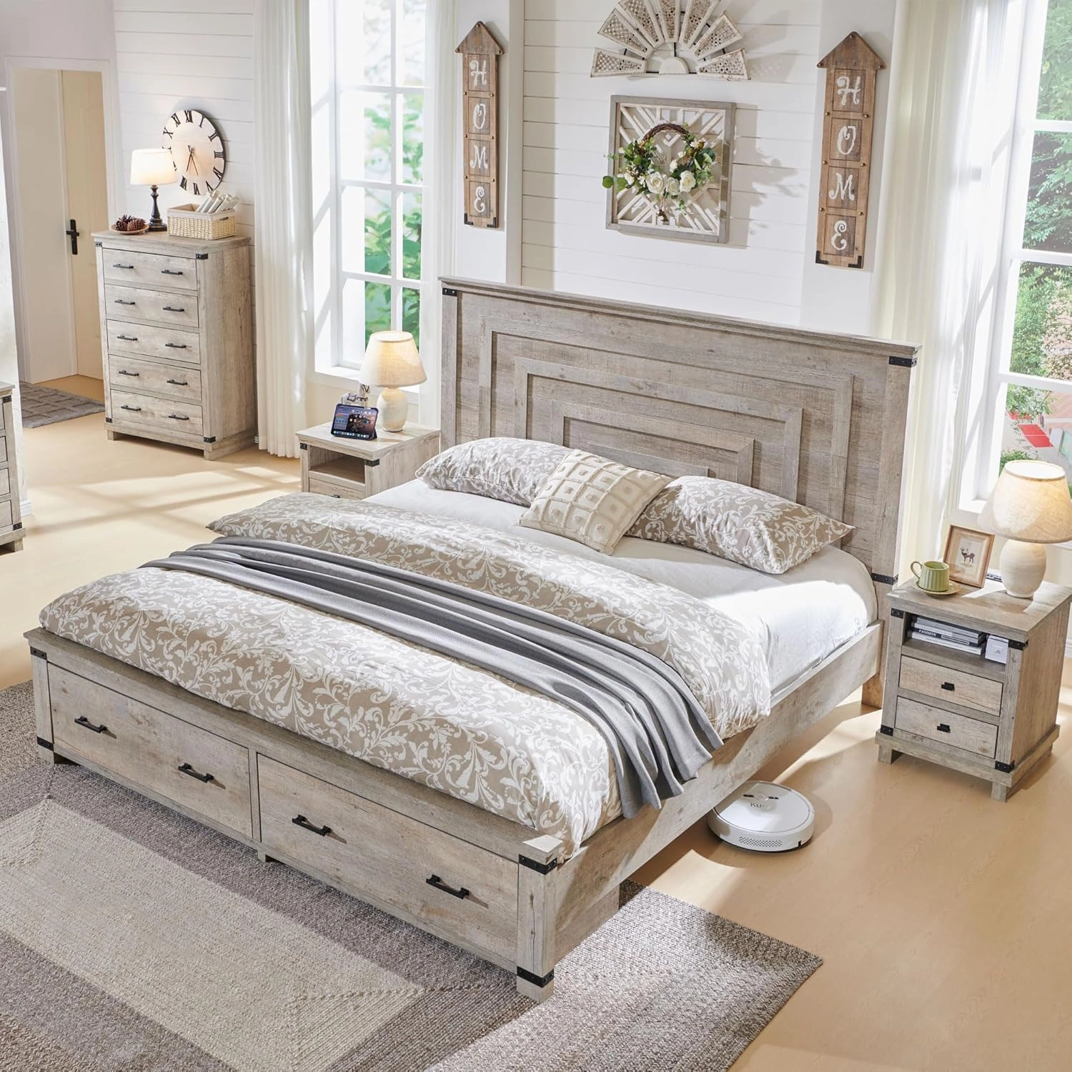 T4TREAM Farmhouse King Size Bed Frame with 54" Tall Geometric Headboard & 2 Large Storage Drawers, Rustic Wood Platform Bed with Wood Slats Support, No Box Spring Needed, Light Rustic Oak