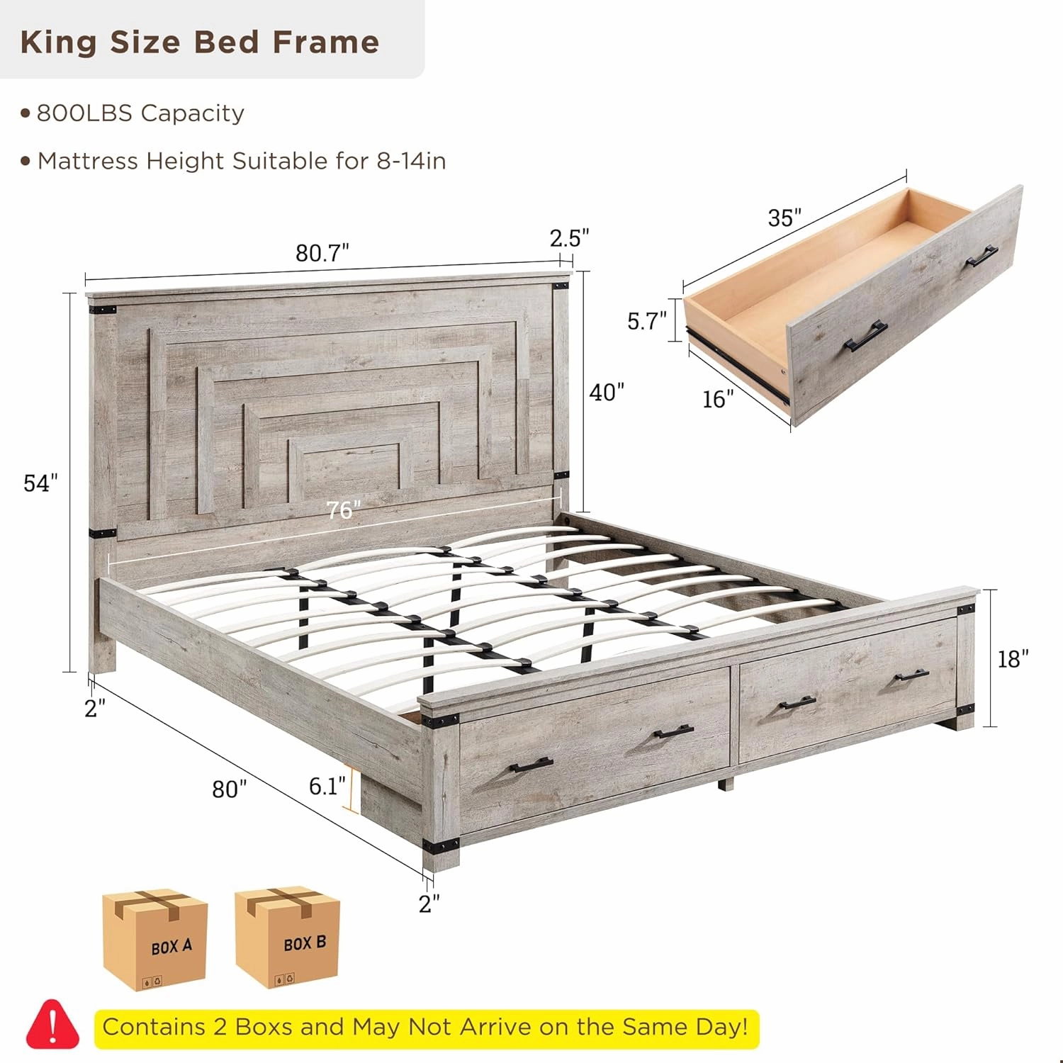 T4TREAM Farmhouse King Size Bed Frame with 54" Tall Geometric Headboard & 2 Large Storage Drawers, Rustic Wood Platform Bed with Wood Slats Support, No Box Spring Needed, Light Rustic Oak