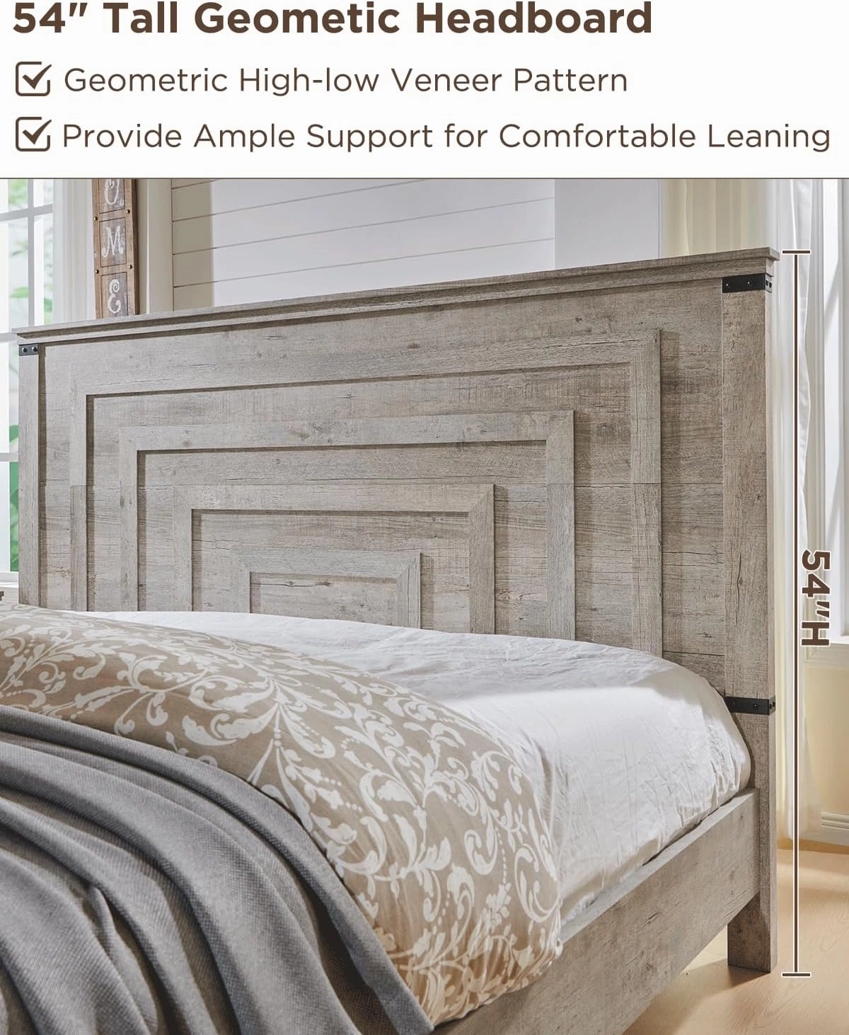 T4TREAM Farmhouse King Size Bed Frame with 54" Tall Geometric Headboard & 2 Large Storage Drawers, Rustic Wood Platform Bed with Wood Slats Support, No Box Spring Needed, Light Rustic Oak