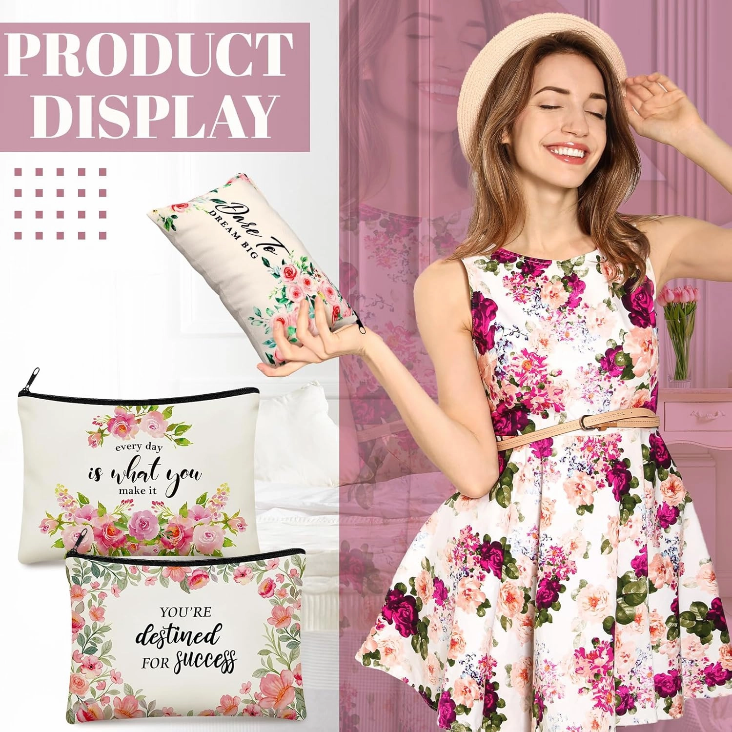 Talltalk 24 Pcs Pink Inspirational Flower Makeup Bag Toiletry Canvas Zipper Makeup Bags Cosmetic Pouch Reusable Multipurpose Organizer for CNA Week Inspirational Gifts