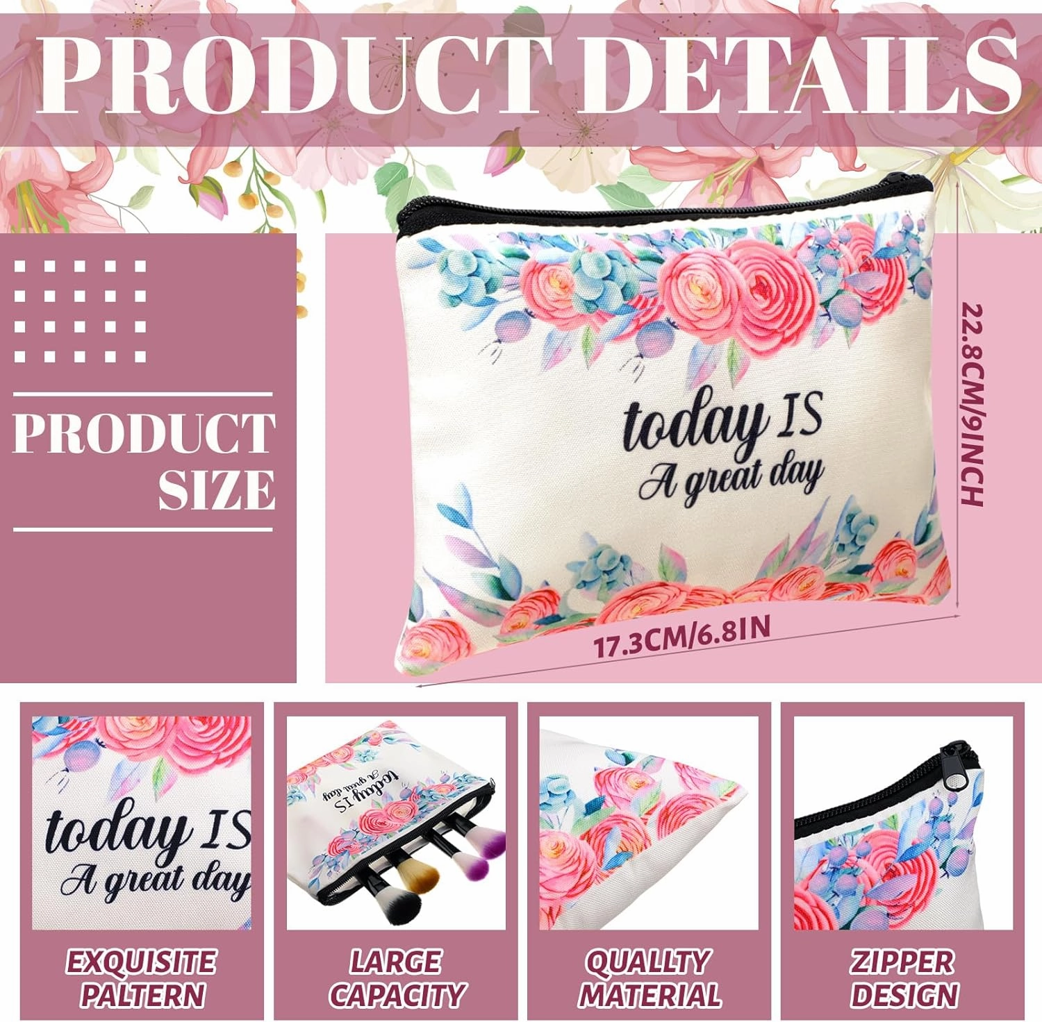 Talltalk 24 Pcs Pink Inspirational Flower Makeup Bag Toiletry Canvas Zipper Makeup Bags Cosmetic Pouch Reusable Multipurpose Organizer for CNA Week Inspirational Gifts