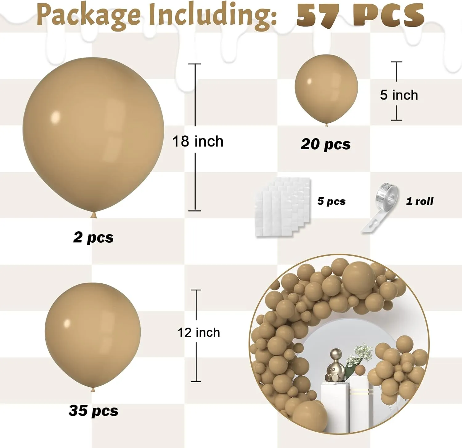Tan Balloons Double Stuffed Arch - Neutral Tan Brown Balloons in 5In, 12In, 18In Sizes, 2 Layer Thick Boho Garland for Birthday Party
