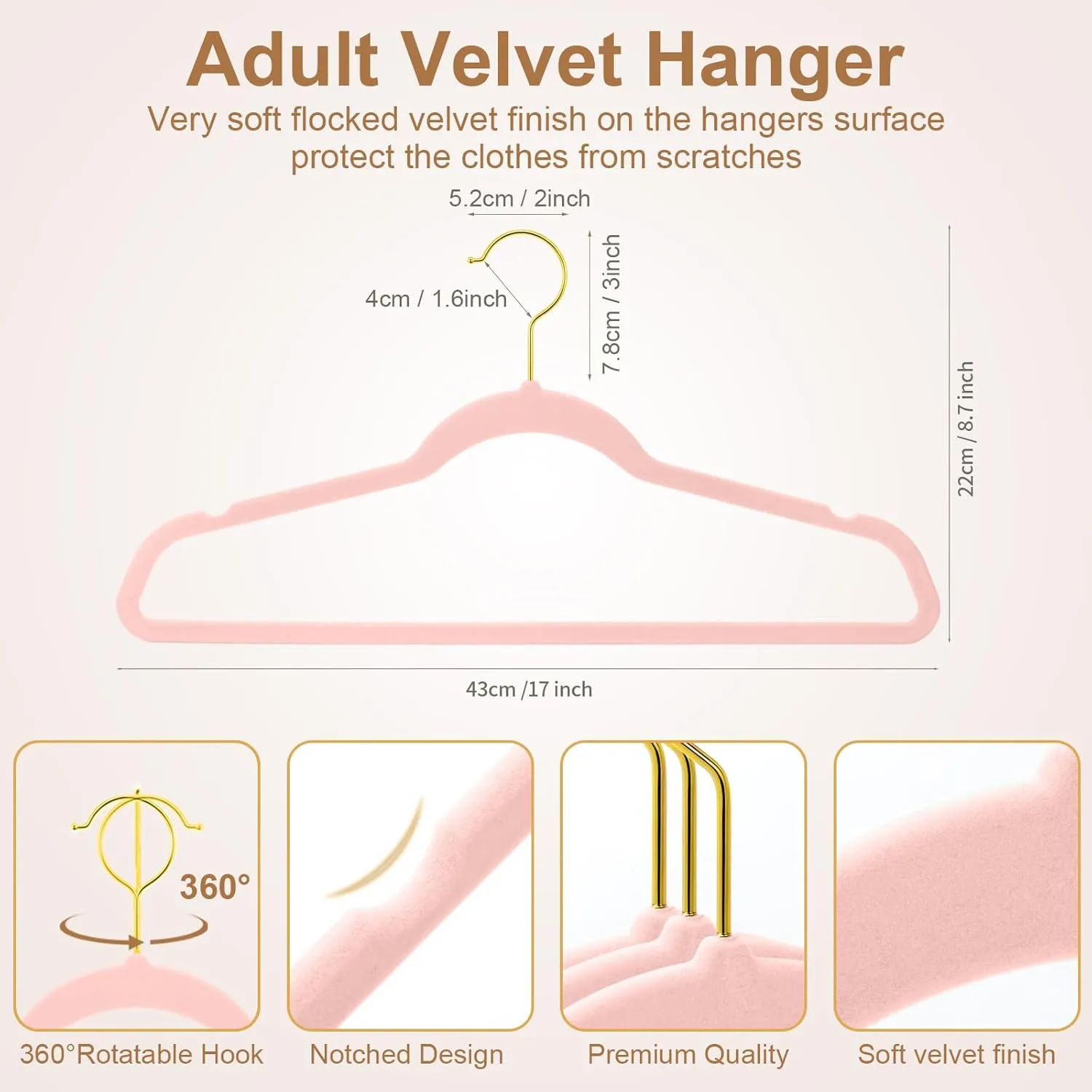 TIMMY 36-Pack Velvet Hangers with Gold Hooks - Space-Saving Non-Slip Heavy-Duty Clothes Hangers for Coats, Suits, Dresses, and Sweaters - Slim Design (Blush Pink Gold)