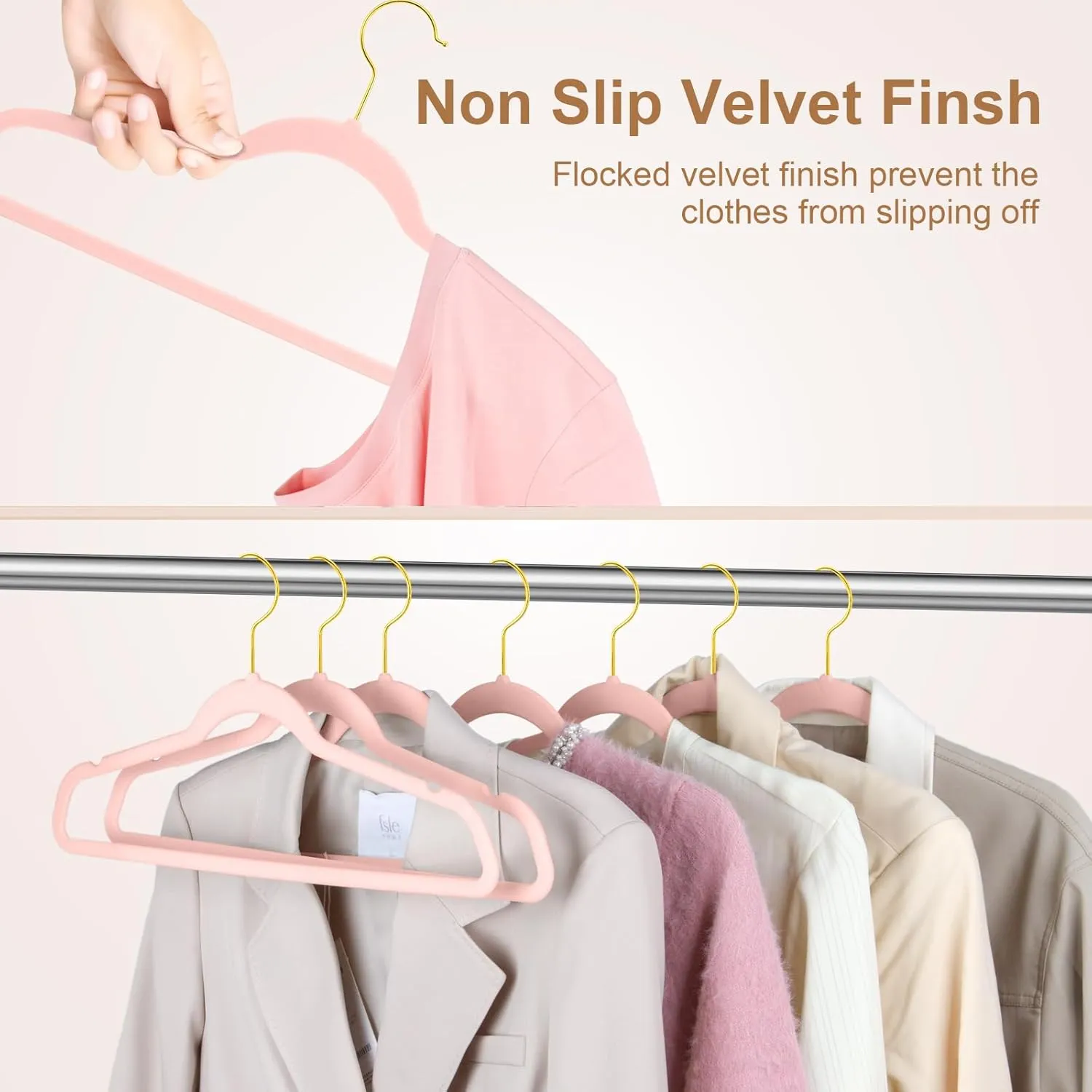 TIMMY 36-Pack Velvet Hangers with Gold Hooks - Space-Saving Non-Slip Heavy-Duty Clothes Hangers for Coats, Suits, Dresses, and Sweaters - Slim Design (Blush Pink Gold)