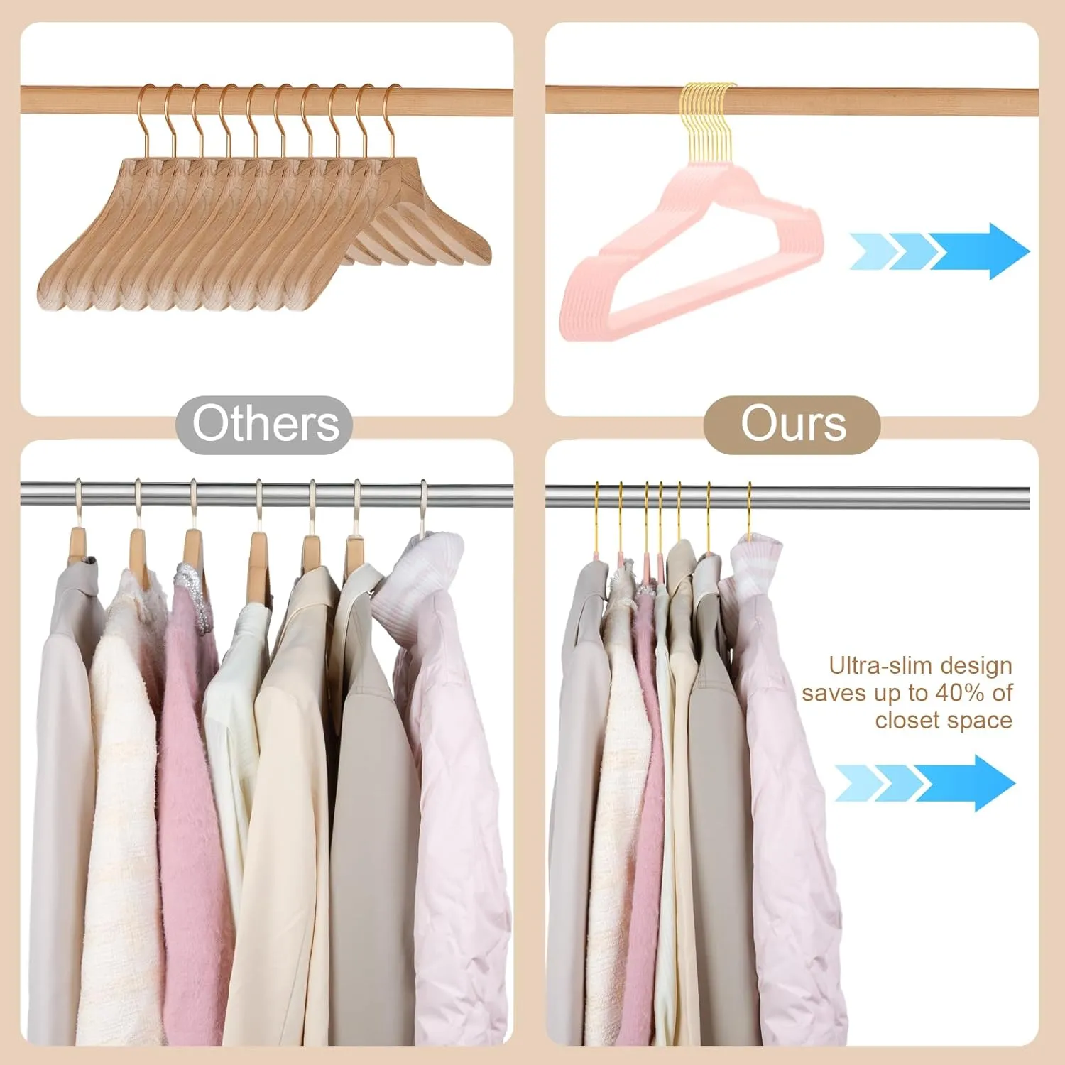 TIMMY 36-Pack Velvet Hangers with Gold Hooks - Space-Saving Non-Slip Heavy-Duty Clothes Hangers for Coats, Suits, Dresses, and Sweaters - Slim Design (Blush Pink Gold)