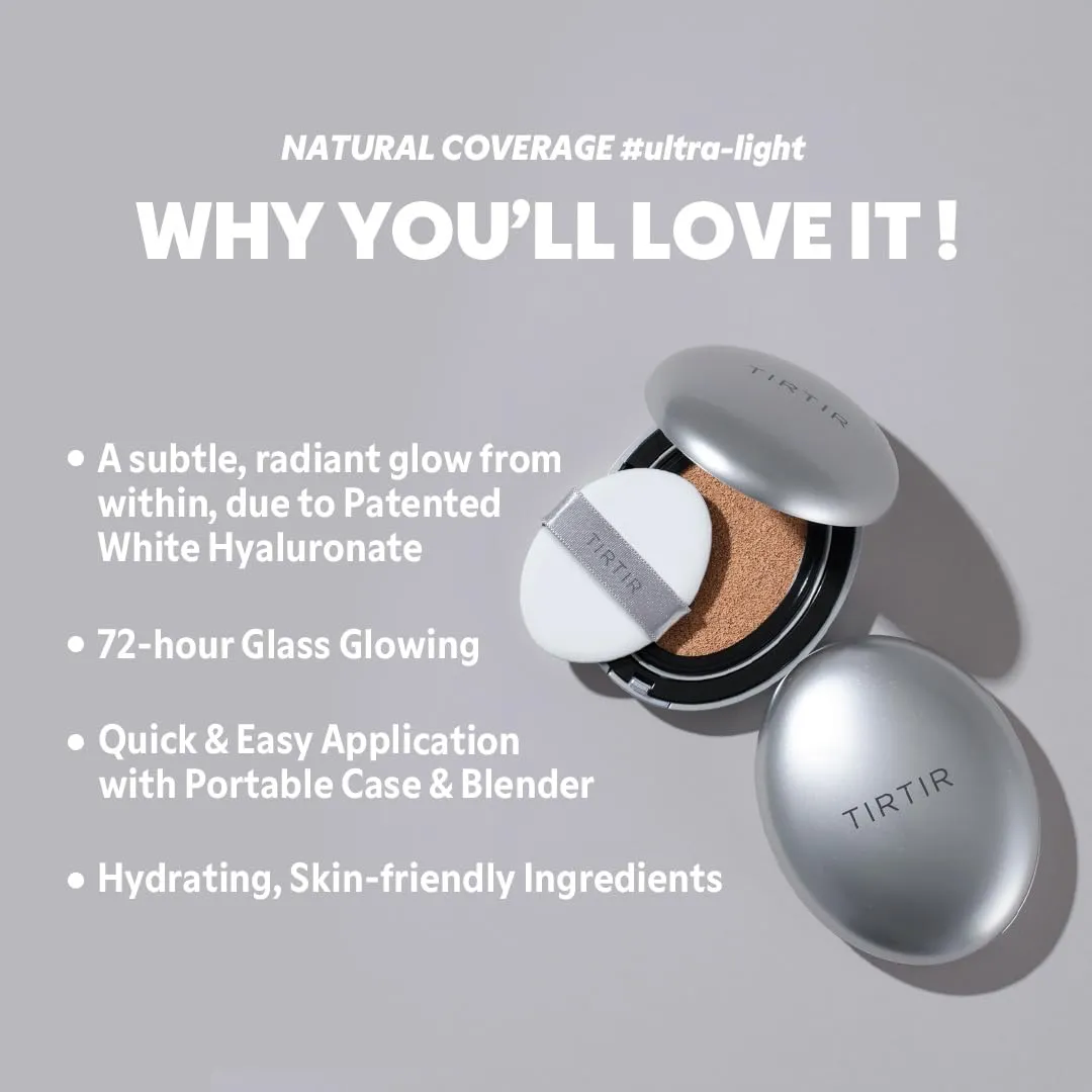 TIRTIR Mask Fit Aura Silver Cushion Foundation | Semi-glow Finish, Natural Coverage, Moisturizing, Lightweight, Korean cushion foundation (#33C Hazel, Full Size, 0.63 Fl Oz)