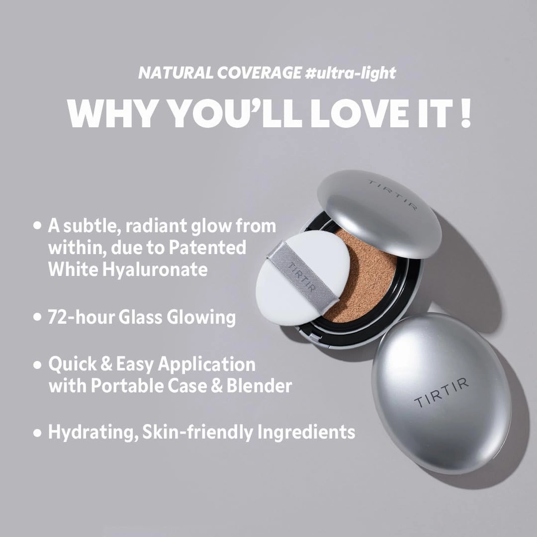TIRTIR Mask Fit Aura Silver Cushion Foundation | Semi-glow Finish, Natural Coverage, Moisturizing, Lightweight, Korean cushion foundation (#33N Macchiato, Full Size, 0.63 Fl Oz)