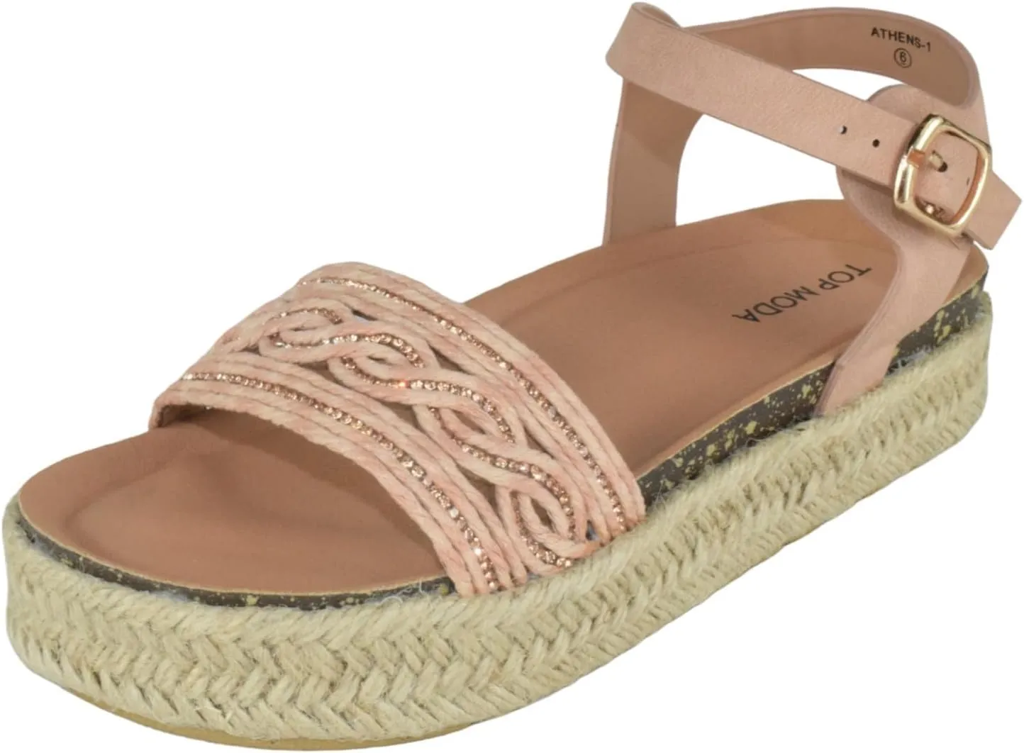 TOP Moda Shoes Women Platform Espadrille Sandals Ankle Strap Flat Footbed Buckle up Bling Rhinestone Athens-1