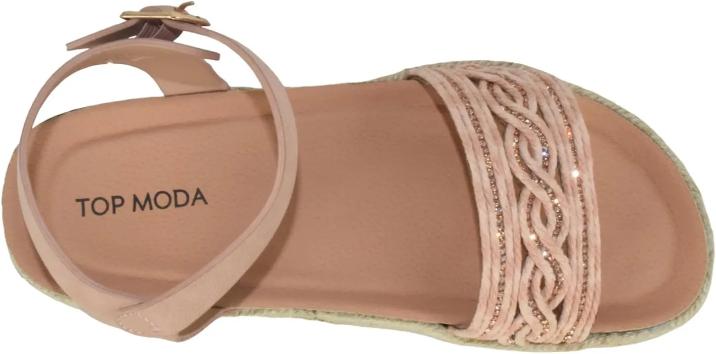 TOP Moda Shoes Women Platform Espadrille Sandals Ankle Strap Flat Footbed Buckle up Bling Rhinestone Athens-1