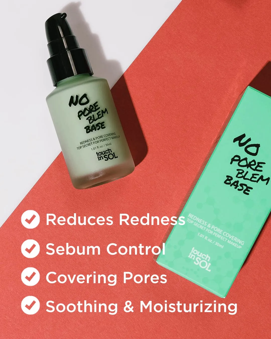TOUCH IN SOL No Pore Blem Primer   Redness Correcting Base Set - Pore Filler Blurring Primer Before Makeup - Tone Neutralizing before Foundation - Pore Minimizing, Sebum, and Shine Control 1.01fl. oz.