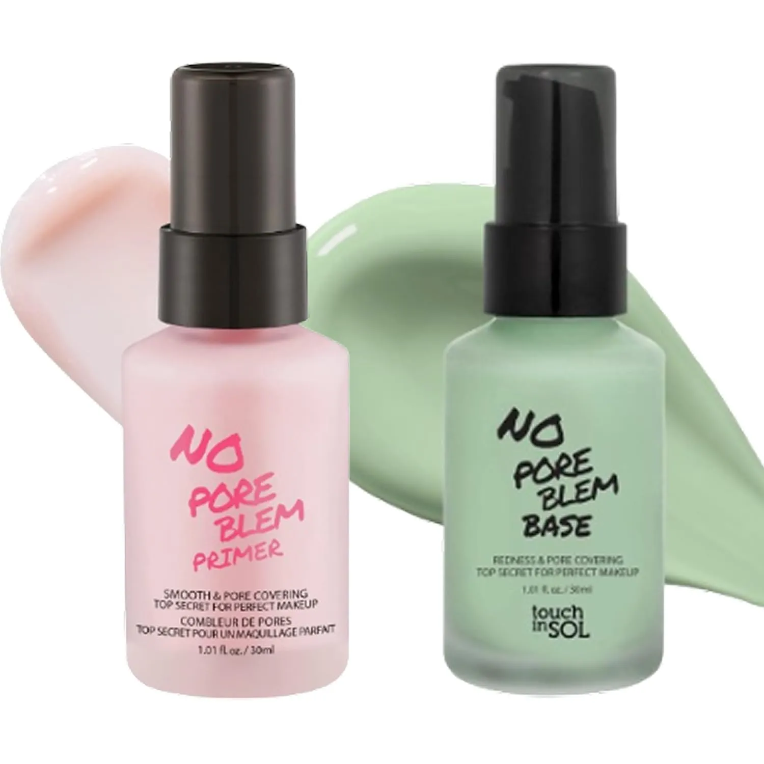 TOUCH IN SOL Primer Duo Set – NO Poreblem Perfecting Pink Primer   Redness Correcting Green Base - Tone Balancing, Pore Minimizing, Flawless Makeup Prep Kit