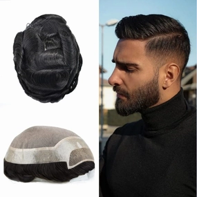 Toupee for Men Hair Replacement System Durable Fine Mono Base Mens Toupee French Lace Front Natural Hairline Men Hair Piece (7"X9" 120% density, #1B OFF BLACK)