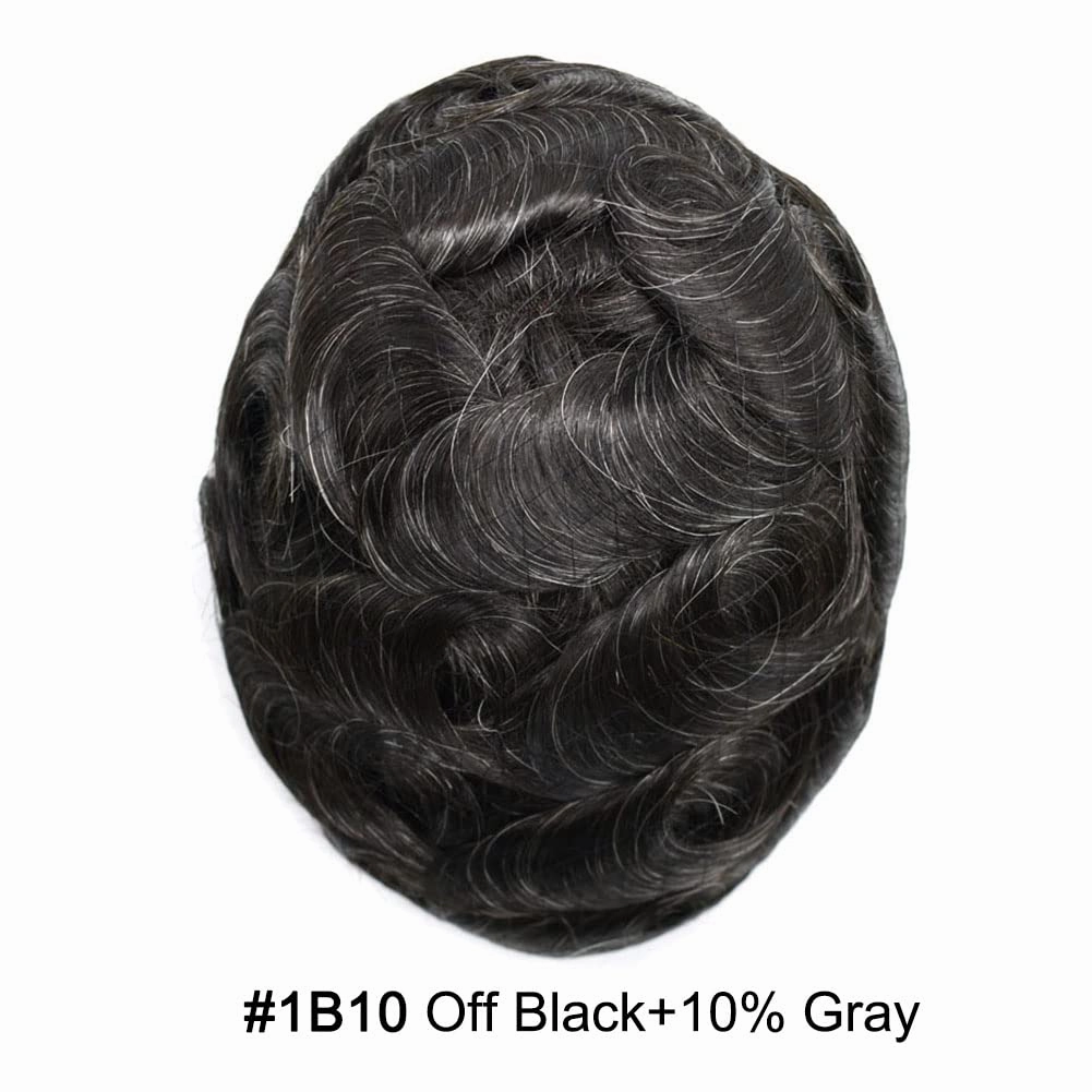 Toupee for Men Hair Replacement System Durable Fine Mono Base Mens Toupee French Lace Front Natural Hairline Men Hair Piece (8"X10" 120% density, #1B10 1B# OFF BLACK WITH 10% SYNTHETIC GREY)