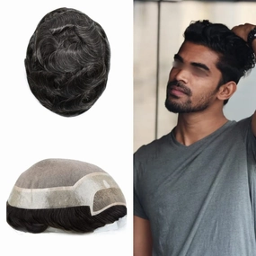 Toupee for Men Hair Replacement System Durable Fine Mono Base Mens Toupee French Lace Front Natural Hairline Men Hair Piece (8"X10" 120% density, #1B10 1B# OFF BLACK WITH 10% SYNTHETIC GREY)