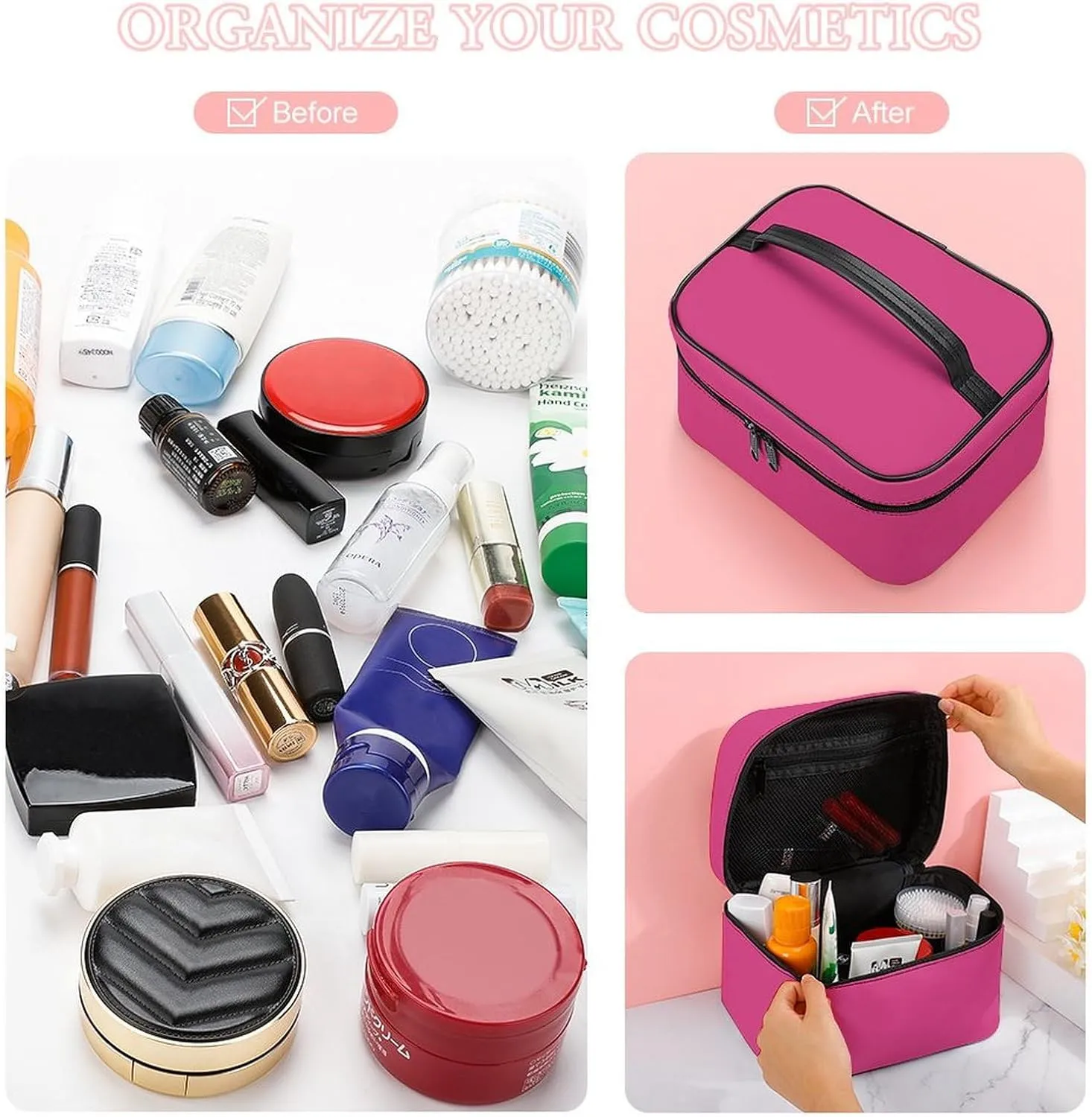 Travel Makeup Bag, Bright Blush Pink Cosmetic Bags for Women Large Capacity Waterproof Toiletry Bag Make up Organizer