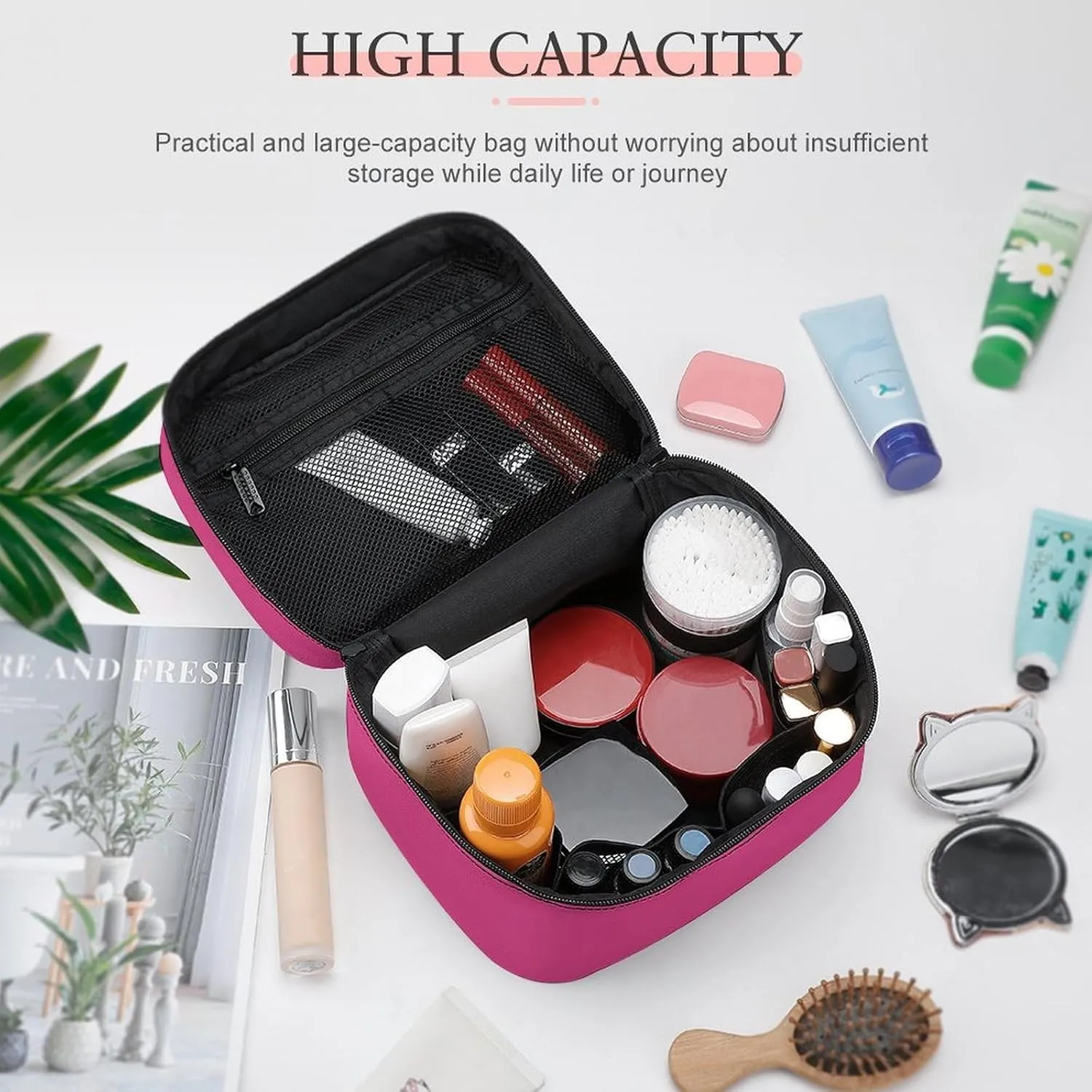 Travel Makeup Bag, Bright Blush Pink Cosmetic Bags for Women Large Capacity Waterproof Toiletry Bag Make up Organizer