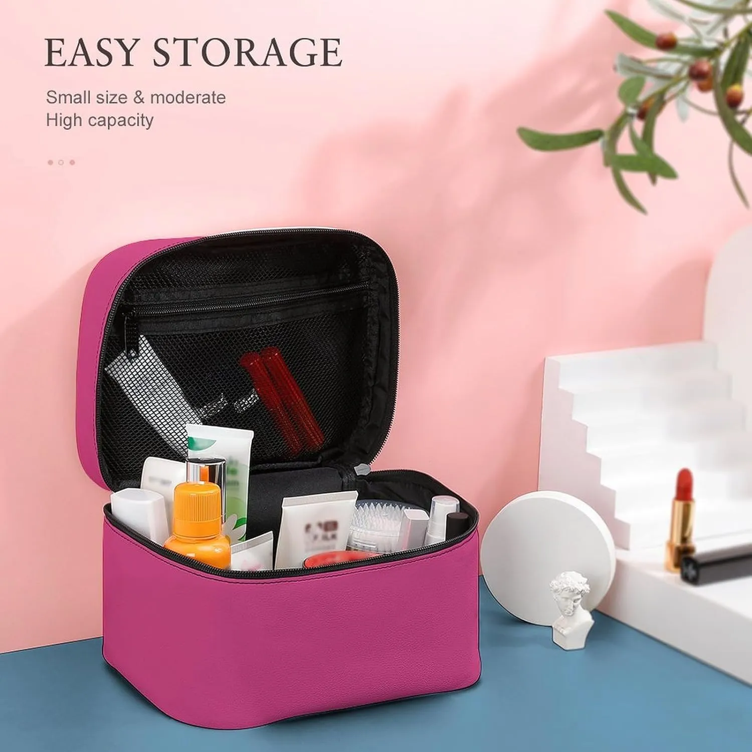 Travel Makeup Bag, Bright Blush Pink Cosmetic Bags for Women Large Capacity Waterproof Toiletry Bag Make up Organizer