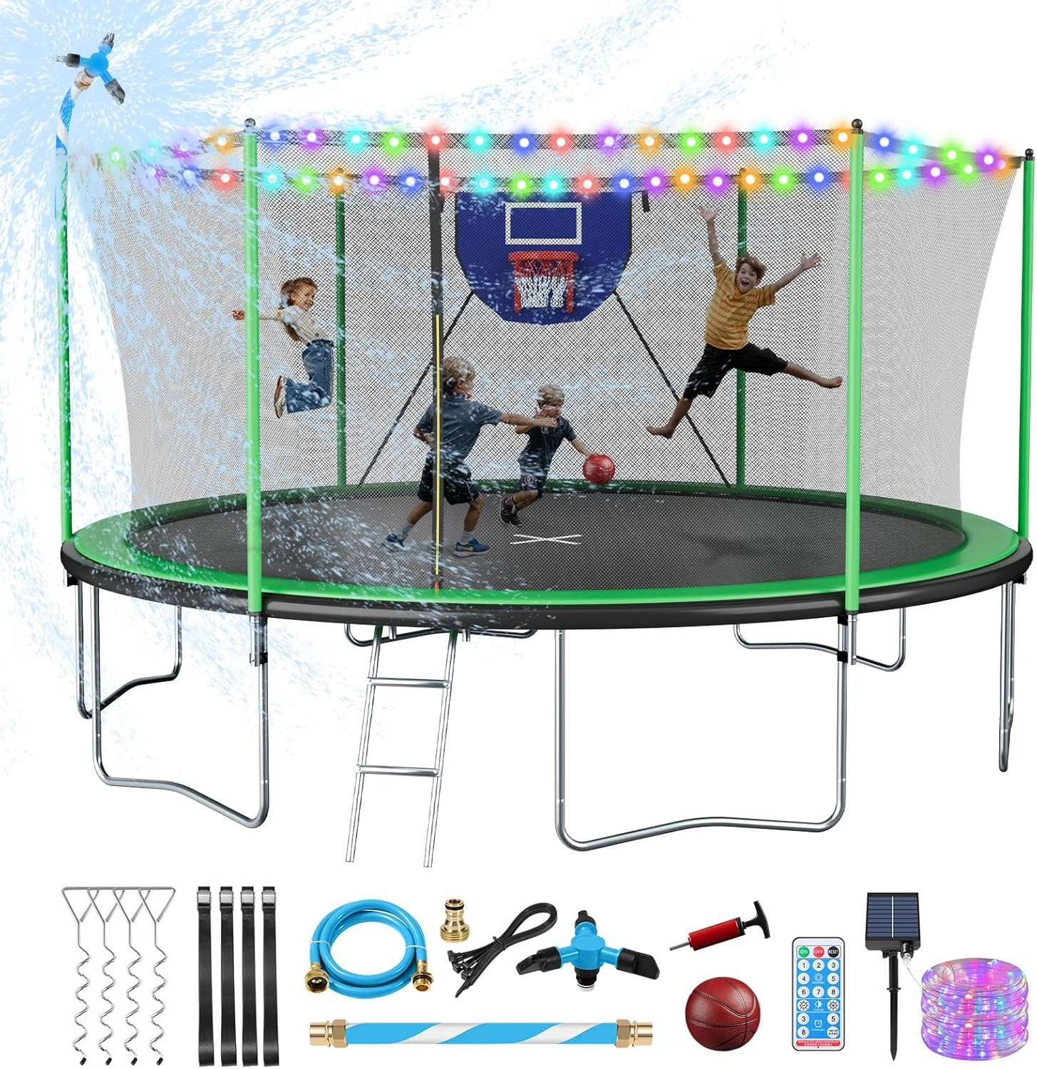 Unovivy 15FT 14FT Trampoline for Kids and Adults with Light and Sprinkler, Outdoor Trampoline with Net, Large Backyard Bouncer with Basketball Hoop & Ladder, Capacity for 4-6 Kids and Adults