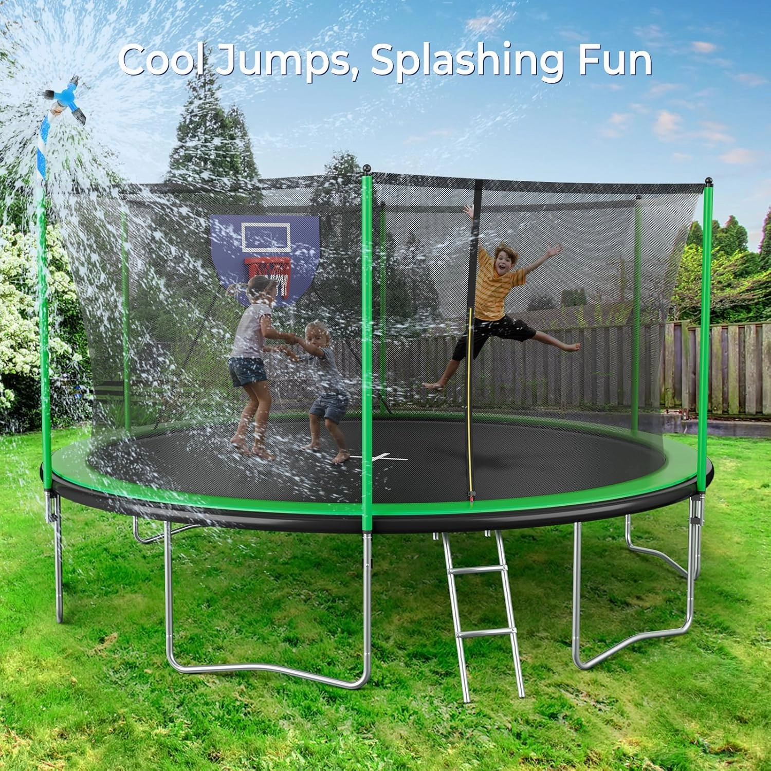 Unovivy 15FT 14FT Trampoline for Kids and Adults with Light and Sprinkler, Outdoor Trampoline with Net, Large Backyard Bouncer with Basketball Hoop & Ladder, Capacity for 4-6 Kids and Adults