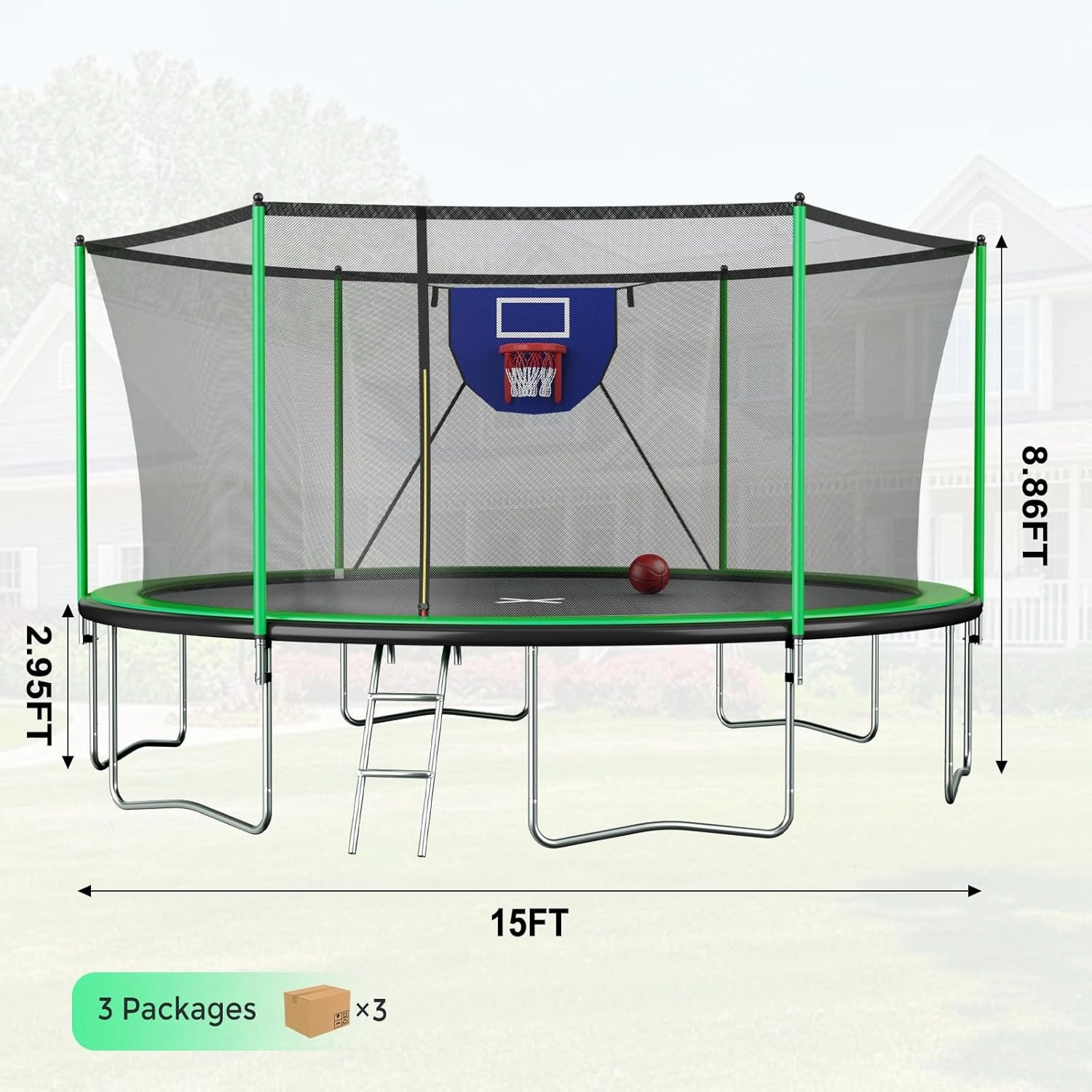 Unovivy 15FT 14FT Trampoline for Kids and Adults with Light and Sprinkler, Outdoor Trampoline with Net, Large Backyard Bouncer with Basketball Hoop & Ladder, Capacity for 4-6 Kids and Adults