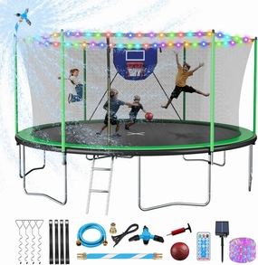 Unovivy 15FT 14FT Trampoline for Kids and Adults with Light and Sprinkler, Outdoor Trampoline with Net, Large Backyard Bouncer with Basketball Hoop & Ladder, Capacity for 4-6 Kids and Adults