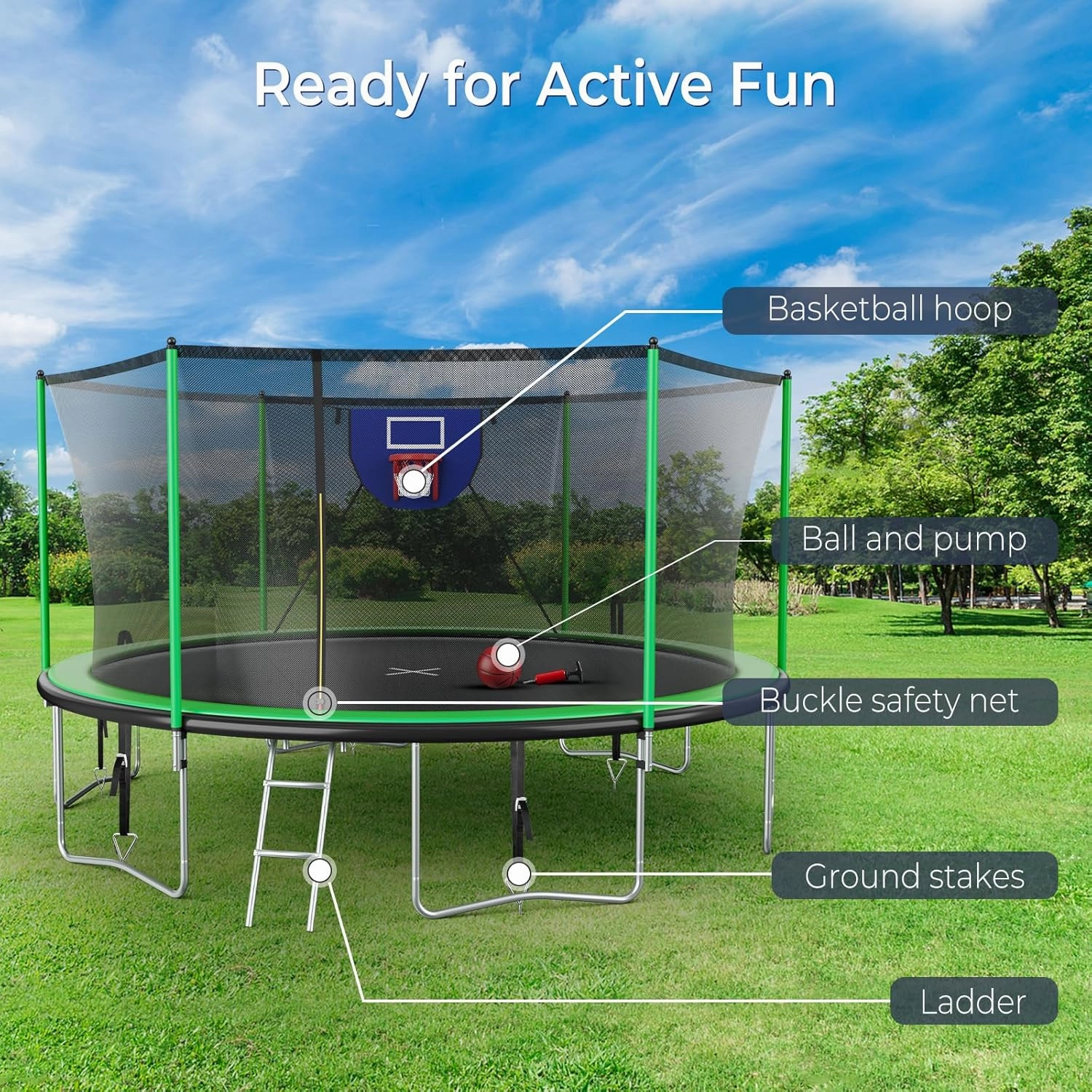 Unovivy 15FT 14FT Trampoline for Kids and Adults with Light and Sprinkler, Outdoor Trampoline with Net, Large Backyard Bouncer with Basketball Hoop & Ladder, Capacity for 4-6 Kids and Adults