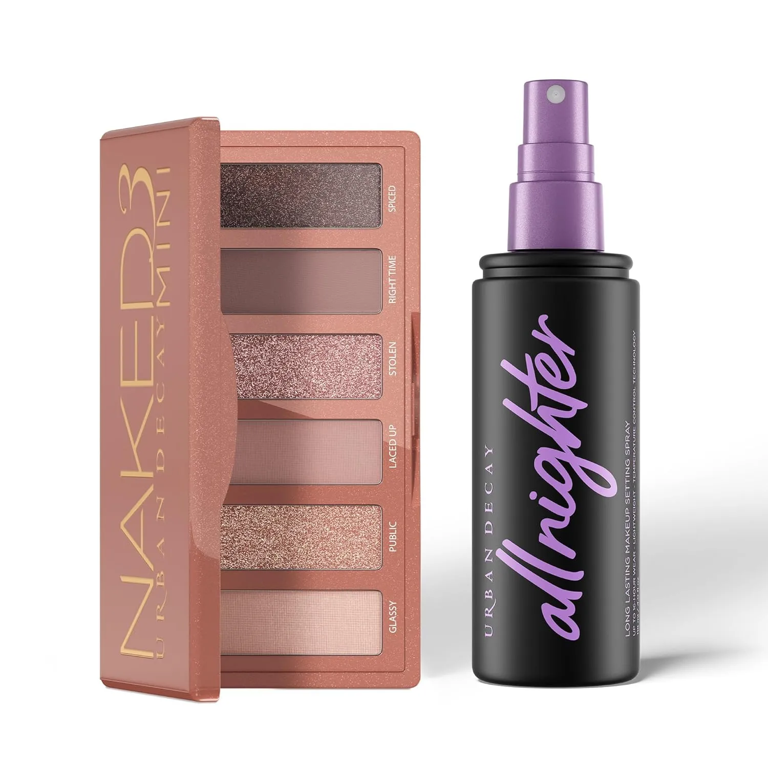Urban Decay Naked3 Mini Eyeshadow Palette & Setting Spray Bundle - Multi-Use Rosy Neutral Eyeshadows - All Nighter Waterproof Setting Spray (4 Fl Oz) for Smudge-Proof, Transfer-Resistant Eye Makeup