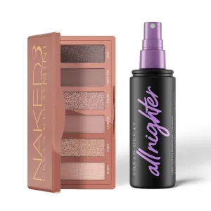 Urban Decay Naked3 Mini Eyeshadow Palette & Setting Spray Bundle - Multi-Use Rosy Neutral Eyeshadows - All Nighter Waterproof Setting Spray (4 Fl Oz) for Smudge-Proof, Transfer-Resistant Eye Makeup