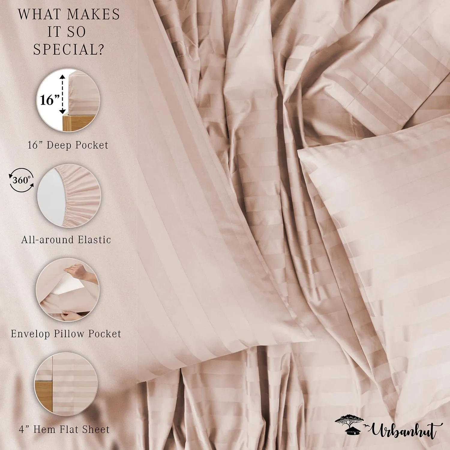 URBANHUT 1000 Thread Count Damask Striped California King Size Egyptian Cotton Sheets, Long Staple Soft & Breathable, 4 Pc Bed Sheet Sets, Luxury Hotel Sateen Sheets Fits 16" Deep Pocket - Blush Pink