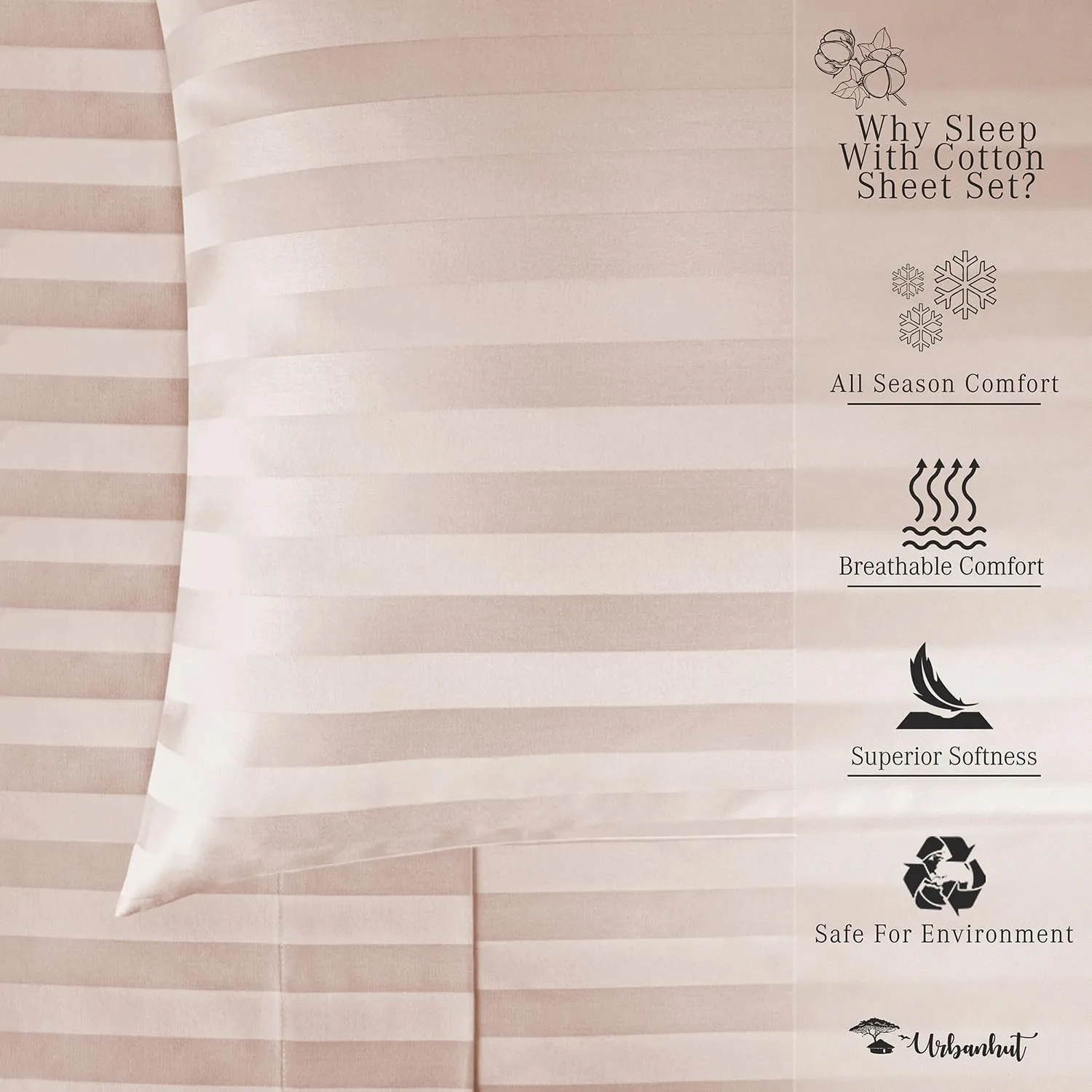 URBANHUT 1000 Thread Count Damask Striped California King Size Egyptian Cotton Sheets, Long Staple Soft & Breathable, 4 Pc Bed Sheet Sets, Luxury Hotel Sateen Sheets Fits 16" Deep Pocket - Blush Pink