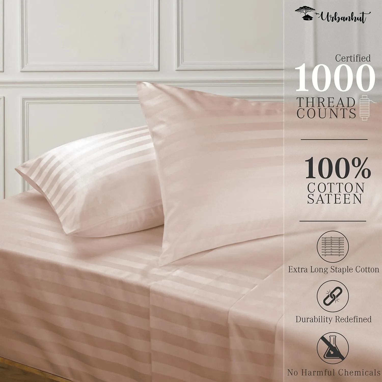 URBANHUT 1000 Thread Count Damask Striped California King Size Egyptian Cotton Sheets, Long Staple Soft & Breathable, 4 Pc Bed Sheet Sets, Luxury Hotel Sateen Sheets Fits 16" Deep Pocket - Blush Pink