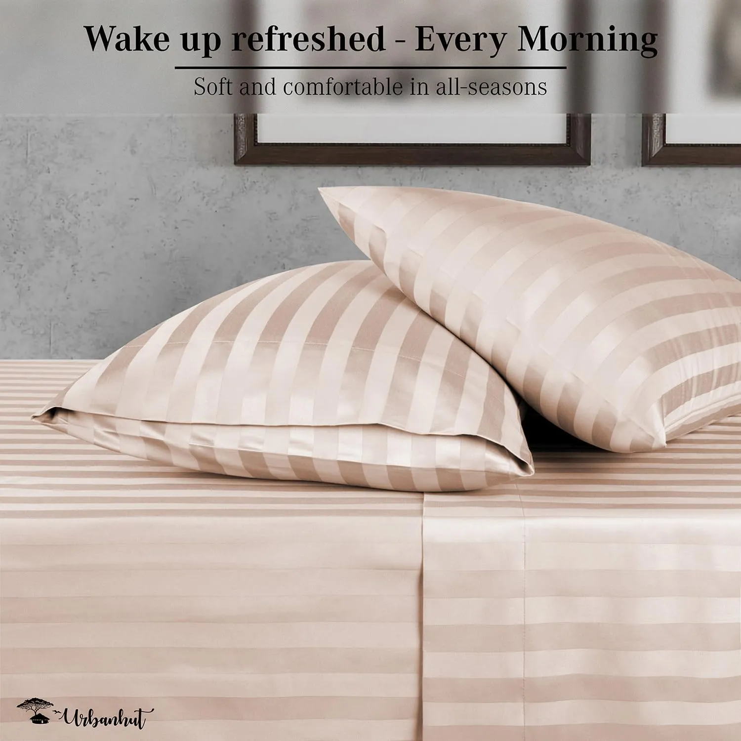 URBANHUT 1000 Thread Count Damask Striped California King Size Egyptian Cotton Sheets, Long Staple Soft & Breathable, 4 Pc Bed Sheet Sets, Luxury Hotel Sateen Sheets Fits 16" Deep Pocket - Blush Pink
