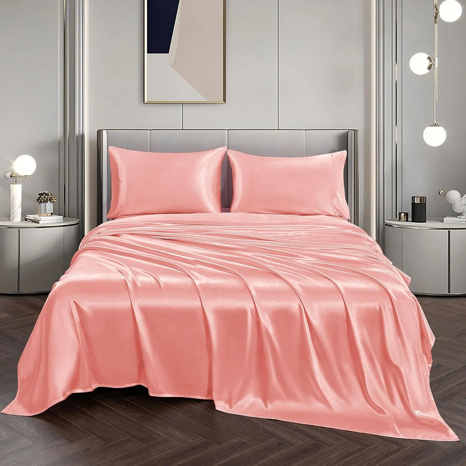 Vonty Satin Sheets Twin Silky Soft Satin Bed Sheets Blush Pink Sheet Set, 1 Deep Pocket Fitted Sheet   1 Flat Sheet   1 Pillowcases