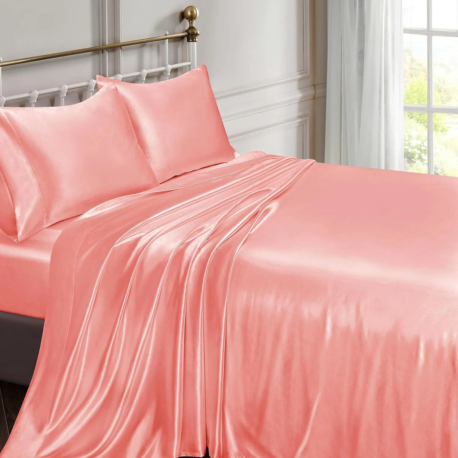 Vonty Satin Sheets Twin Silky Soft Satin Bed Sheets Blush Pink Sheet Set, 1 Deep Pocket Fitted Sheet   1 Flat Sheet   1 Pillowcases