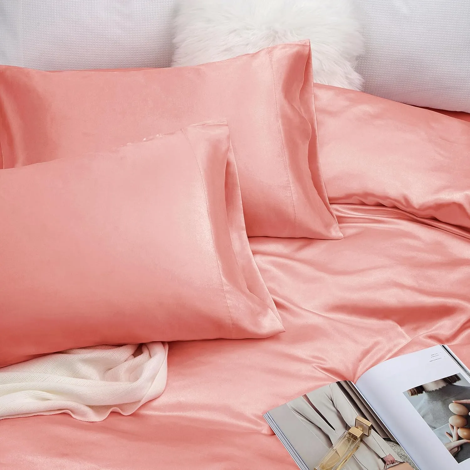 Vonty Satin Sheets Twin Silky Soft Satin Bed Sheets Blush Pink Sheet Set, 1 Deep Pocket Fitted Sheet   1 Flat Sheet   1 Pillowcases