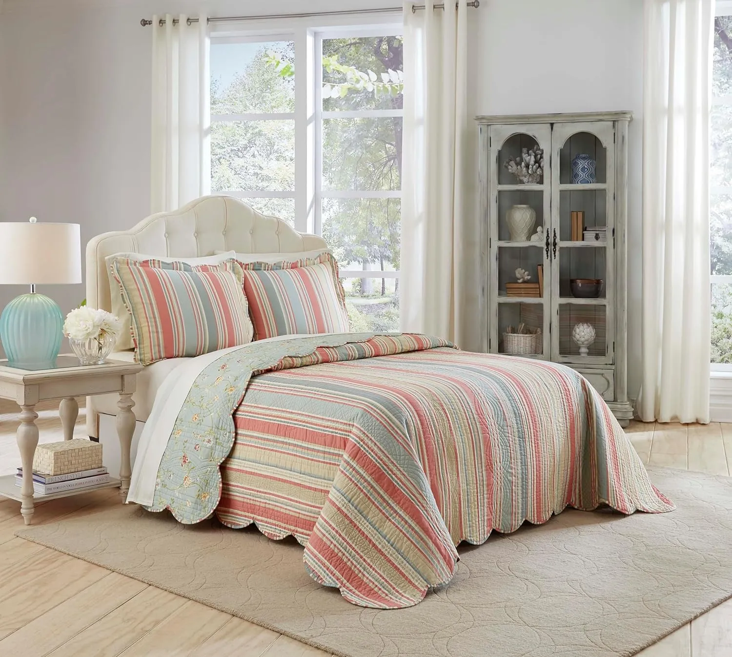 Waverly Garden Glitz Modern Farmhouse Floral 3-Piece Reversible Quilt Bedding Bed Spread Set, Queen, Vapor