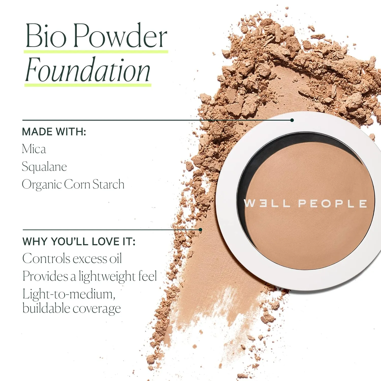 Well People Bio Powder Foundation, Lightweight & Hydrating Foundation For Perfecting & Smoothing Skin, Semi-Matte Finish, Vegan & Cruelty-free, 7W