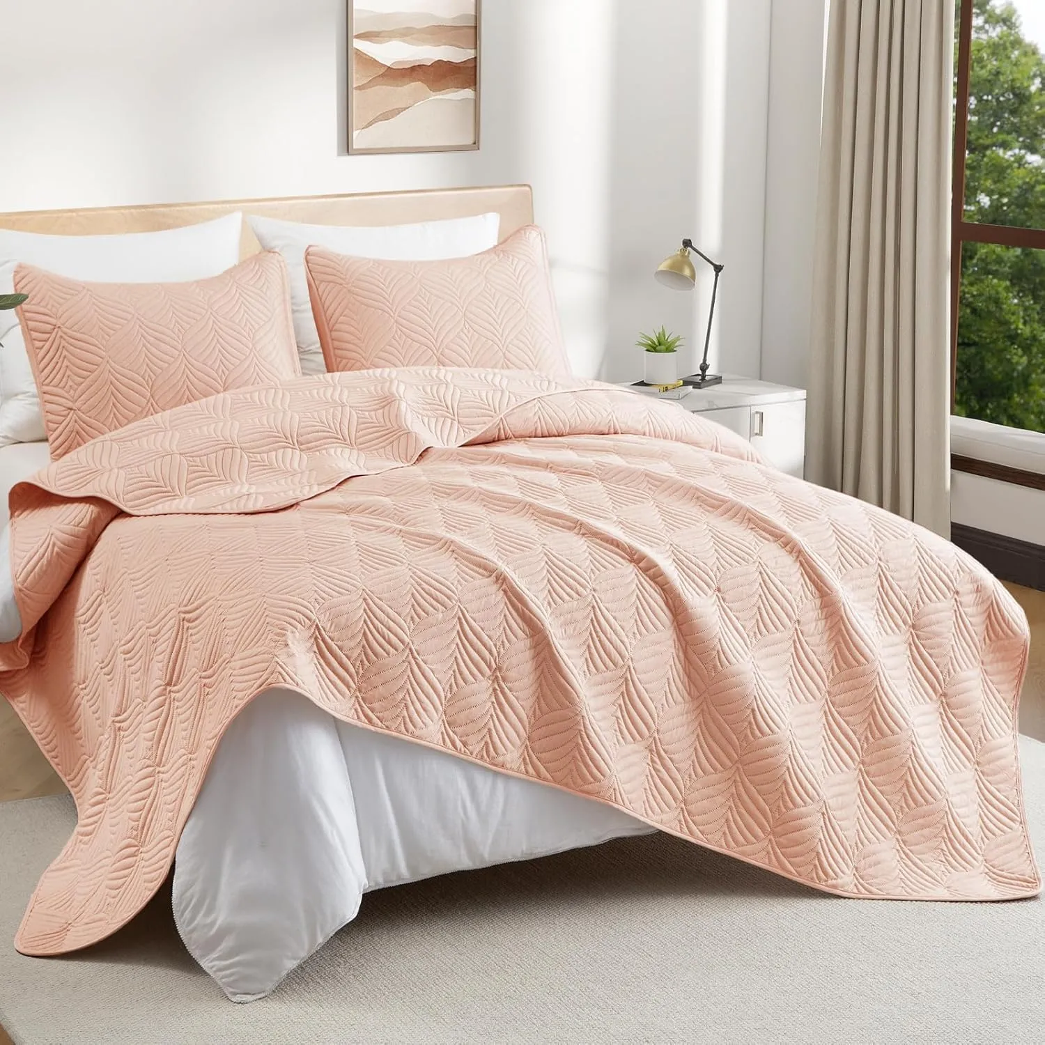 Whale Flotilla Elegant Extra Soft Quilts Queen Size, 3-Piece Lightweight Modern Geometric Full Queen Quilt Bedding Sets Bedspread Coverlet for All Seasons, Blush Pink