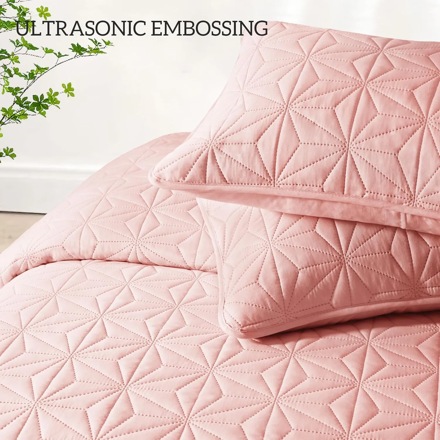 Whale Flotilla Queen Quilt Bedding Set, Soft Blush Pink Bedspreads Quilts Queen Size for All Seasons, 3 Pieces Lightweight Geometric Star Pattern Coverlet