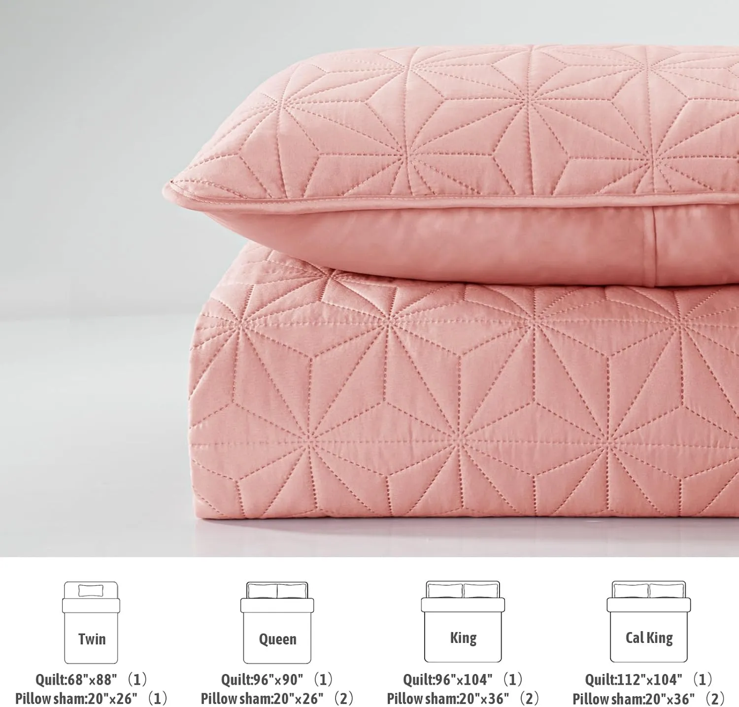 Whale Flotilla Queen Quilt Bedding Set, Soft Blush Pink Bedspreads Quilts Queen Size for All Seasons, 3 Pieces Lightweight Geometric Star Pattern Coverlet