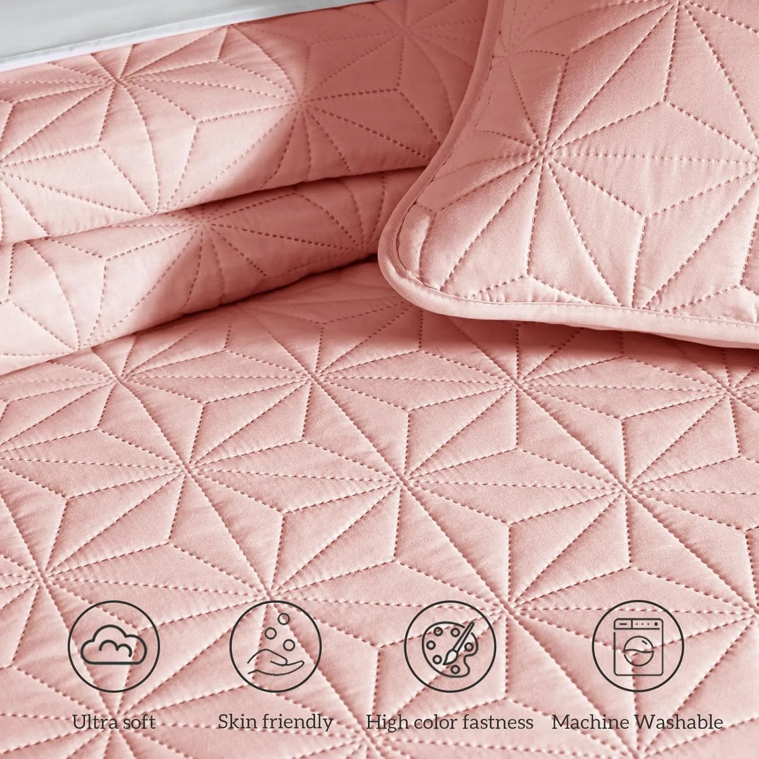 Whale Flotilla Queen Quilt Bedding Set, Soft Blush Pink Bedspreads Quilts Queen Size for All Seasons, 3 Pieces Lightweight Geometric Star Pattern Coverlet