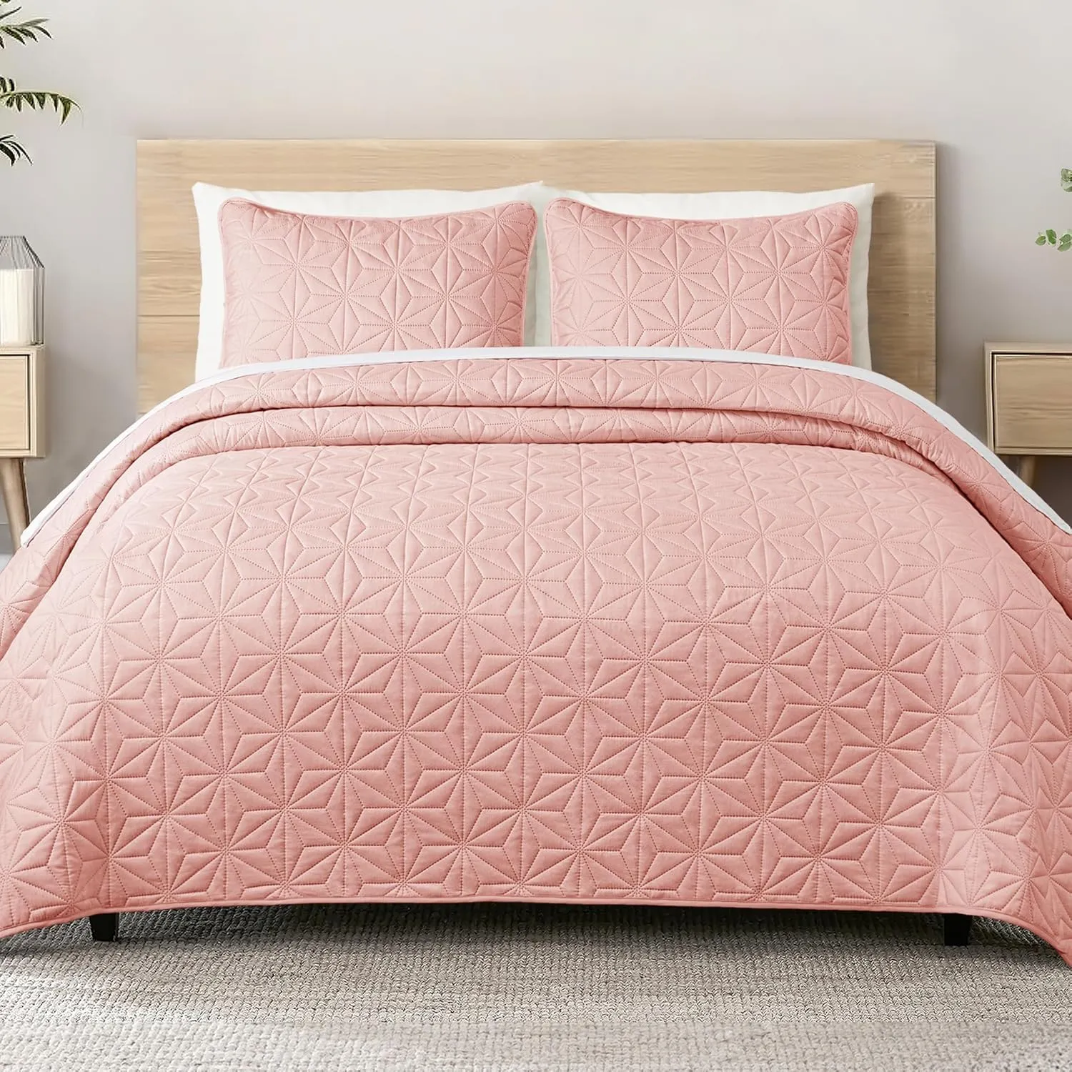 Whale Flotilla Queen Quilt Bedding Set, Soft Blush Pink Bedspreads Quilts Queen Size for All Seasons, 3 Pieces Lightweight Geometric Star Pattern Coverlet