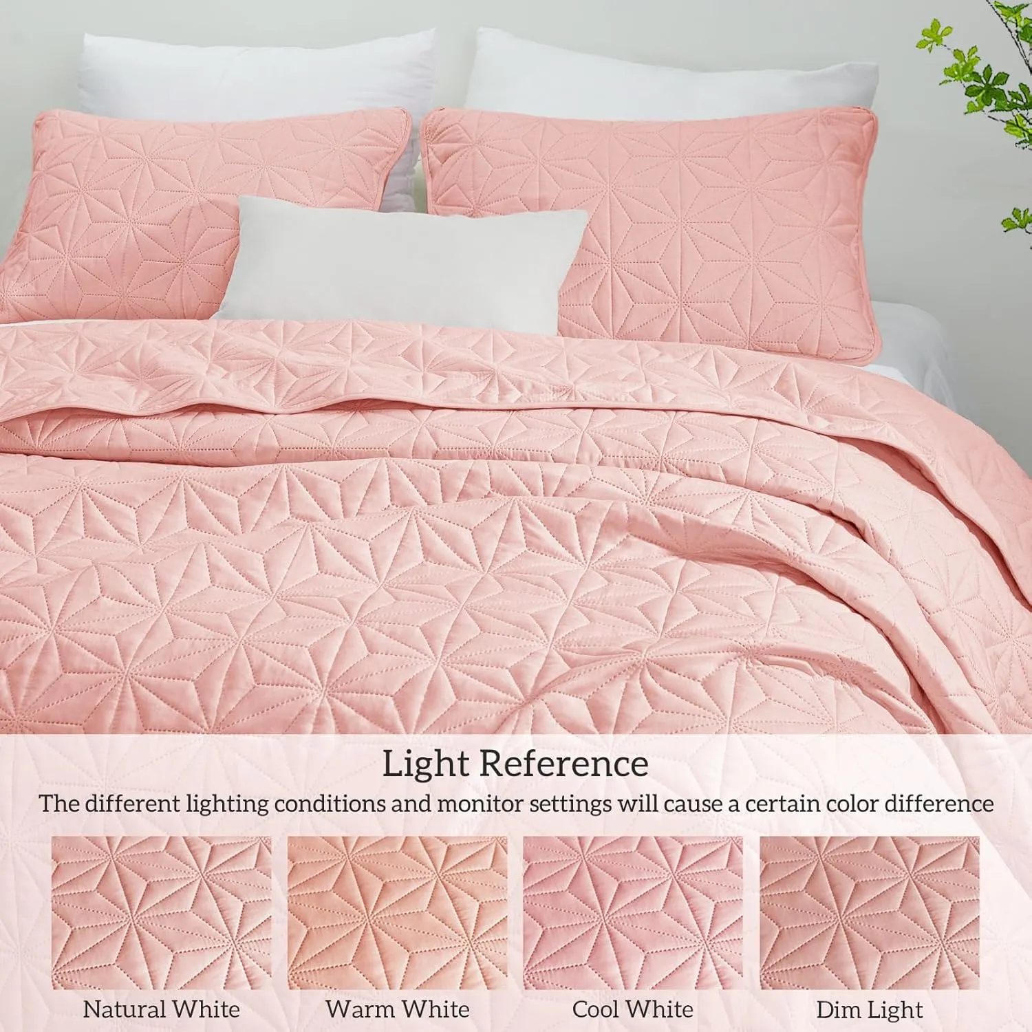 Whale Flotilla Queen Quilt Bedding Set, Soft Blush Pink Bedspreads Quilts Queen Size for All Seasons, 3 Pieces Lightweight Geometric Star Pattern Coverlet