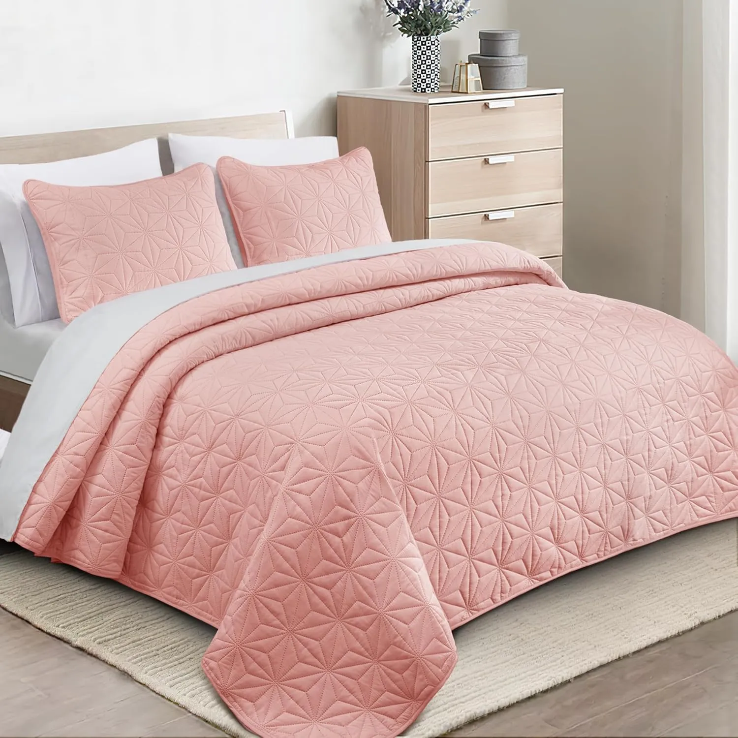 Whale Flotilla Queen Quilt Bedding Set, Soft Blush Pink Bedspreads Quilts Queen Size for All Seasons, 3 Pieces Lightweight Geometric Star Pattern Coverlet