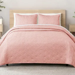 Whale Flotilla Queen Quilt Bedding Set, Soft Blush Pink Bedspreads Quilts Queen Size for All Seasons, 3 Pieces Lightweight Geometric Star Pattern Coverlet