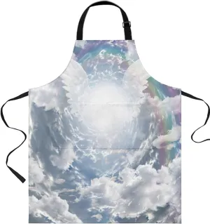 White Angel Wings with Colorful Rainbow Waterproof Apron With Pockets,Abstract Sky Landscape Kitchen Chefs Bib Cooking BBQ Grill Bake Adjustable Aprons for Women/Kids Garden Grooming Painting
