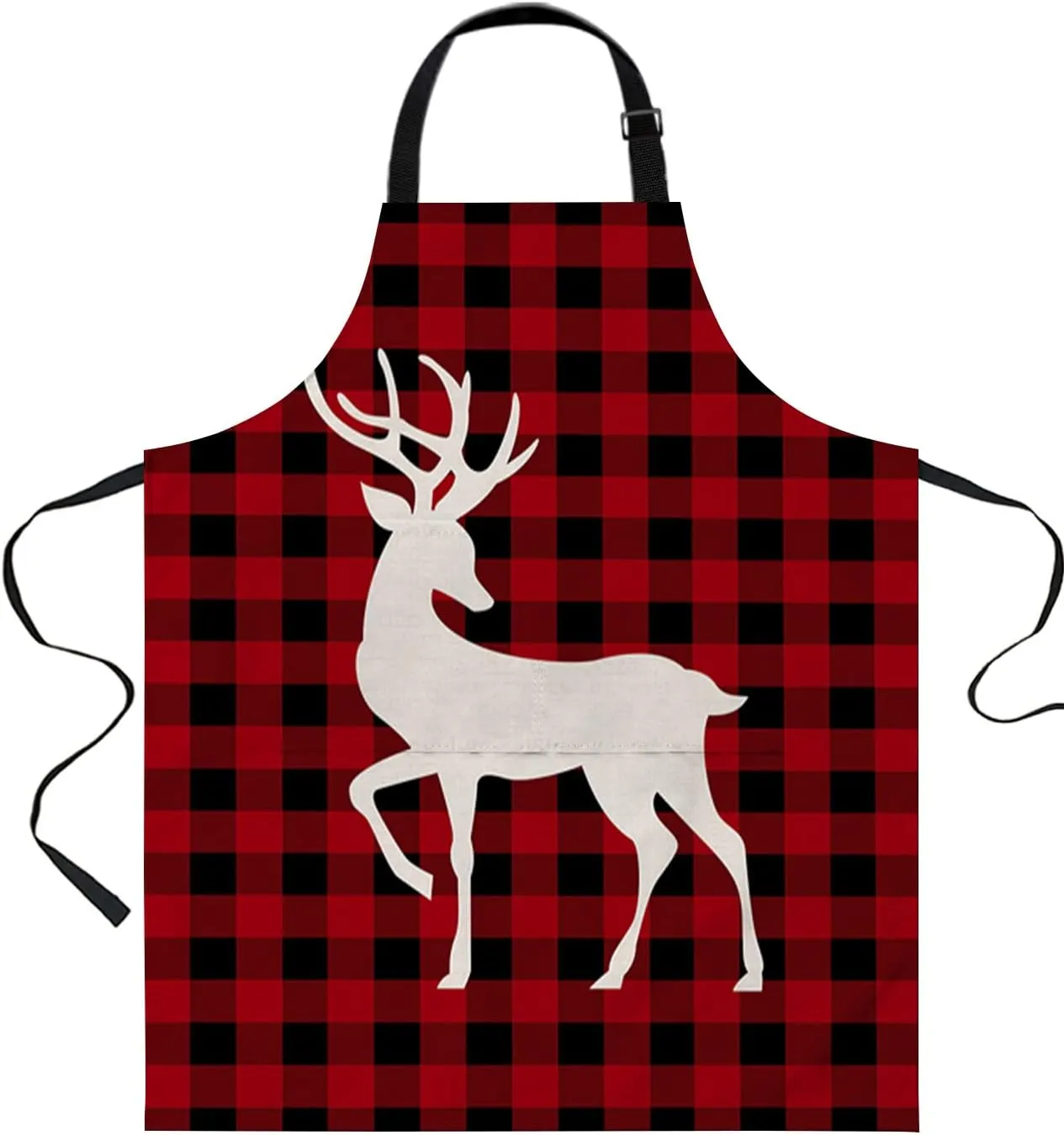 Winter Reindeer Waterproof Apron With Pockets,Christmas Deer Xmas Buffalo Plaid Red Black Kitchen Chefs Bib Cooking BBQ Grill Bake Adjustable Aprons for Women/Kids Home Garden Grooming Painting