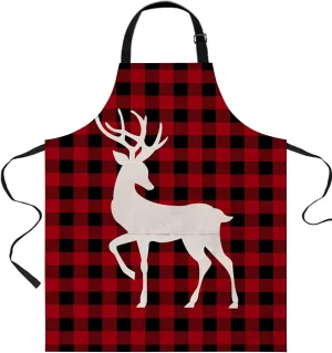 Winter Reindeer Waterproof Apron With Pockets,Christmas Deer Xmas Buffalo Plaid Red Black Kitchen Chefs Bib Cooking BBQ Grill Bake Adjustable Aprons for Women/Kids Home Garden Grooming Painting