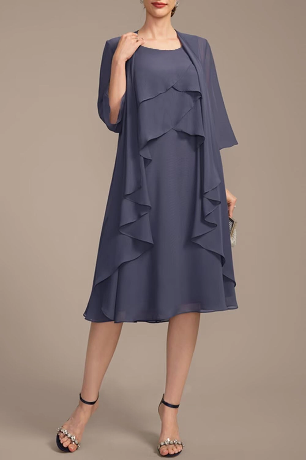 Women's 2 Piece Mother of The Bride Dresses 2025 Tiered Chiffon Formal Evening Dresses TM49