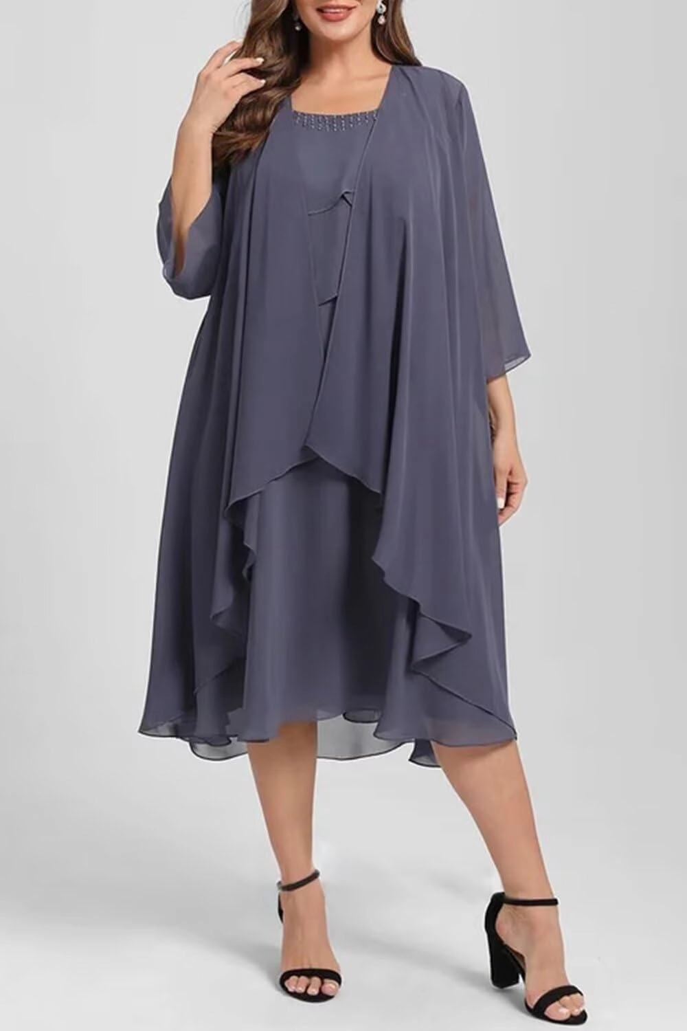 Women's 2 Piece Mother of The Bride Dresses 2025 Tiered Chiffon Formal Evening Dresses TM49